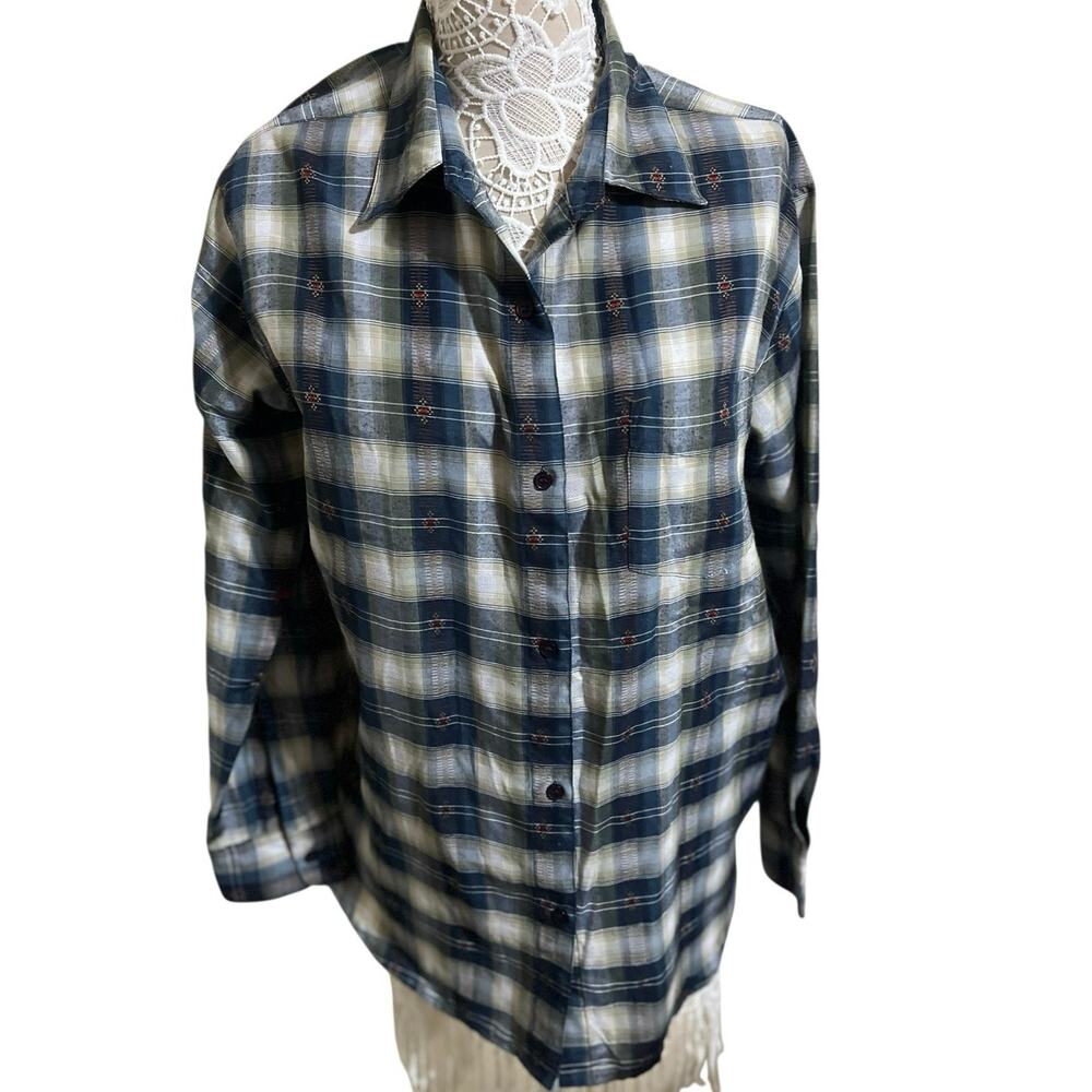 Premier International Button Down Shirt Women’s Large | Blue Beige White w/ Red